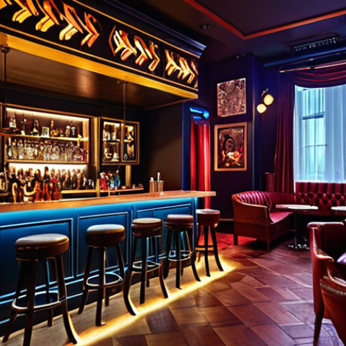 Home 11 **Stylish Nightlife Scene:** A vibrant scene in a stylish bar in Bandar Impian Belarus, featuring creative cocktails, elegant decor, and possibly live jazz music. Focus on the atmosphere of sophistication and energy.