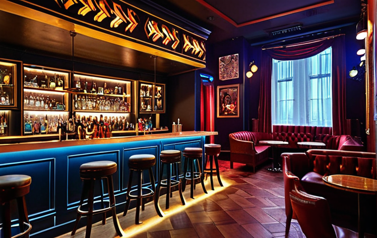 **Stylish Nightlife Scene:** A vibrant scene in a stylish bar in Bandar Impian Belarus, featuring creative cocktails, elegant decor, and possibly live jazz music. Focus on the atmosphere of sophistication and energy.