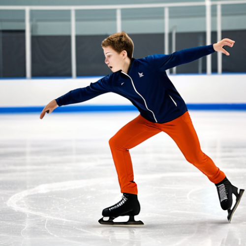 A young, determined figure skater, fully clothed in a modest, professional, and warm training outfit, is intensely practicing a complex jump on a well-maintained ice rink in a modern training facility in Belarus. The athlete's posture shows perfect anatomy and natural proportions, with well-formed hands and proper finger count. The background features blurred elements of a cold, professional skating arena, emphasizing the rigorous discipline and dedication. This image is safe for work, appropriate content, and family-friendly.