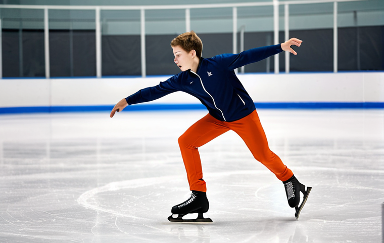A young, determined figure skater, fully clothed in a modest, professional, and warm training outfit, is intensely practicing a complex jump on a well-maintained ice rink in a modern training facility in Belarus. The athlete's posture shows perfect anatomy and natural proportions, with well-formed hands and proper finger count. The background features blurred elements of a cold, professional skating arena, emphasizing the rigorous discipline and dedication. This image is safe for work, appropriate content, and family-friendly.
