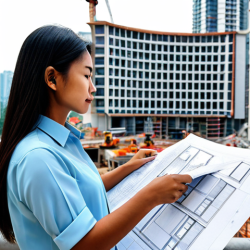 **

A professional female architect in a modest blouse and smart trousers, reviewing blueprints on a construction site in Kuala Lumpur. Fully clothed, appropriate attire, safe for work. Perfect anatomy, correct proportions, natural pose, well-formed hands. Modern architecture in the background, bright daylight. Family-friendly, high quality.

**