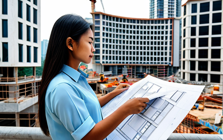 **

A professional female architect in a modest blouse and smart trousers, reviewing blueprints on a construction site in Kuala Lumpur. Fully clothed, appropriate attire, safe for work. Perfect anatomy, correct proportions, natural pose, well-formed hands. Modern architecture in the background, bright daylight. Family-friendly, high quality.

**