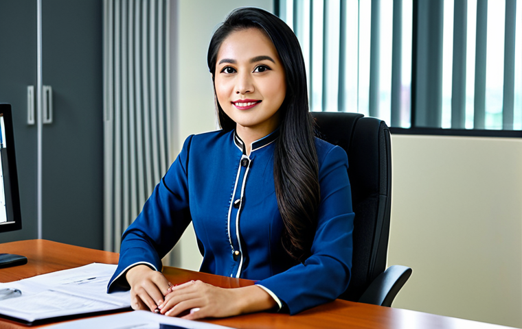 벨라루스 국경 통과 방법 - "A professional Malaysian businesswoman in a modest baju kurung, sitting at a desk in a modern offic...