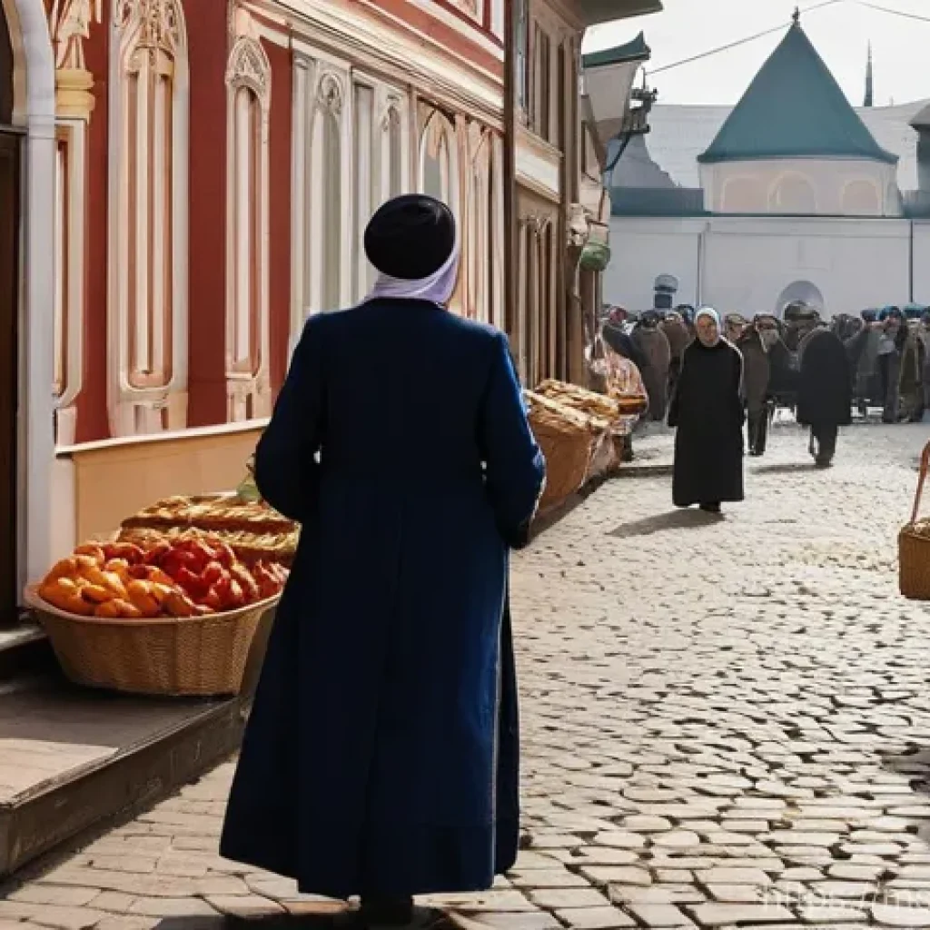 벨라루스에서 유대인 커뮤니티 - **Prompt: "A bustling market street in a Belarusian town, circa early 20th century, filled with Jewi...