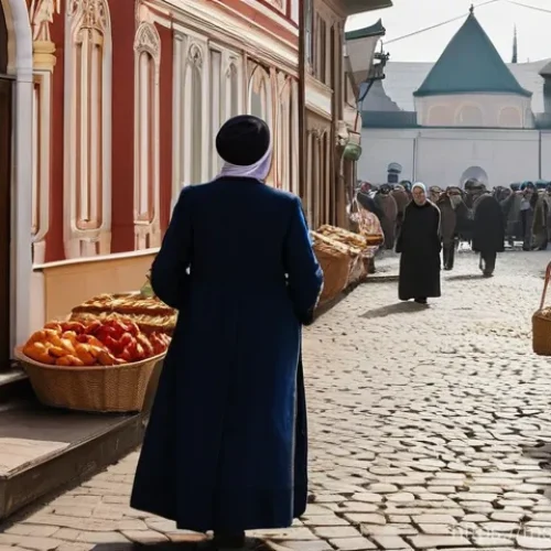 Home 16 벨라루스에서 유대인 커뮤니티 - **Prompt: "A bustling market street in a Belarusian town, circa early 20th century, filled with Jewi...