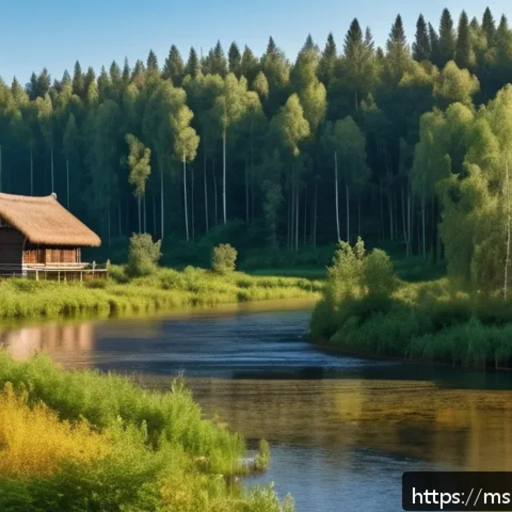 벨라루스 문학가 및 대표 작품 - A serene Belarusian forest landscape in early autumn, dense with tall pine and birch trees, a calm r...