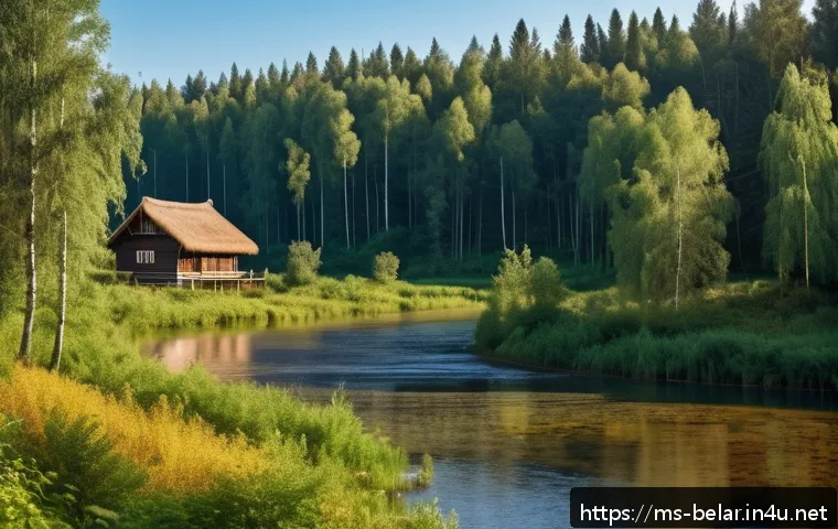 벨라루스 문학가 및 대표 작품 - A serene Belarusian forest landscape in early autumn, dense with tall pine and birch trees, a calm r...