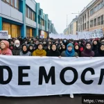 벨라루스 내 정치 시위 역사 - A powerful street scene in Belarus during a peaceful protest, showing a diverse group of young peopl...