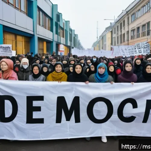 벨라루스 내 정치 시위 역사 - A powerful street scene in Belarus during a peaceful protest, showing a diverse group of young peopl...