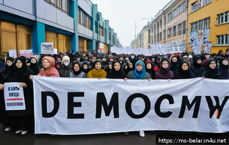 벨라루스 내 정치 시위 역사 - A powerful street scene in Belarus during a peaceful protest, showing a diverse group of young peopl...