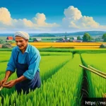 벨라루스에서 유명한 벽화 및 스트리트 아트 - A vibrant mural depicting Belarusian farmers working diligently in lush green fields under a bright ...