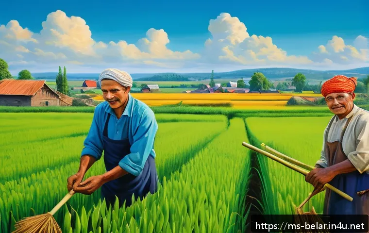 벨라루스에서 유명한 벽화 및 스트리트 아트 - A vibrant mural depicting Belarusian farmers working diligently in lush green fields under a bright ...