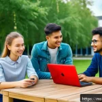 벨라루스 유학 및 교육제도 - A vibrant university campus scene in Belarus featuring diverse international students studying toget...