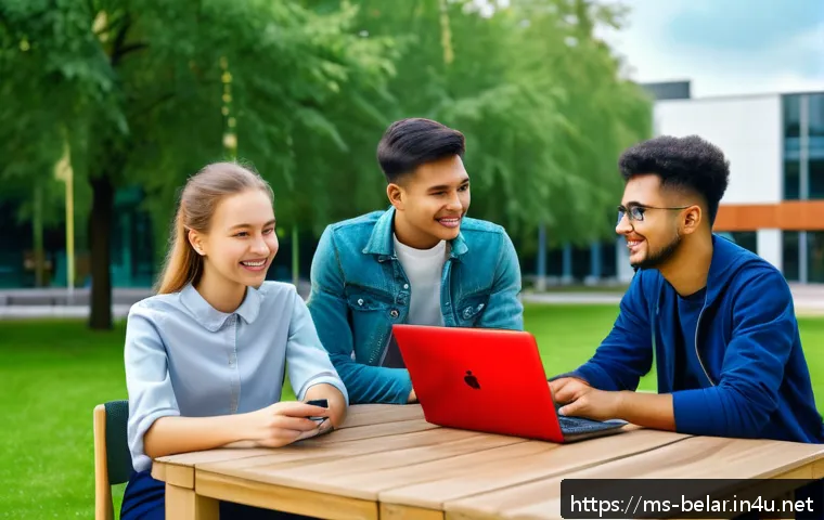 벨라루스 유학 및 교육제도 - A vibrant university campus scene in Belarus featuring diverse international students studying toget...